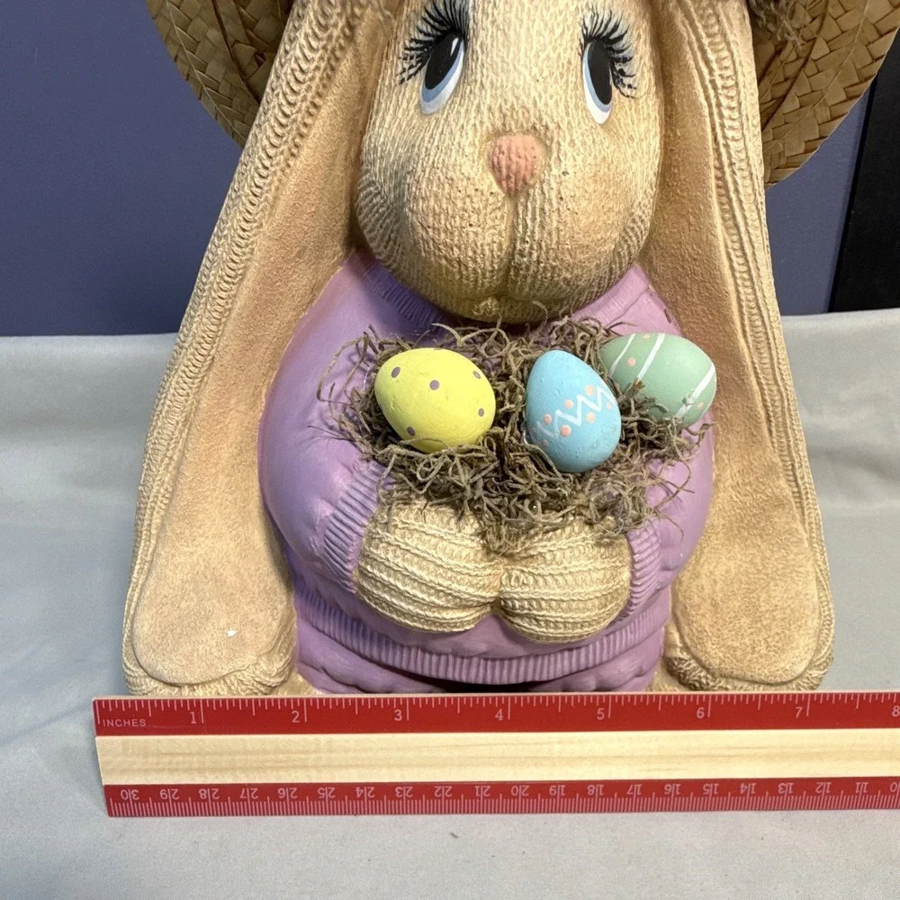 Vintage Clay Magic Ceramic Standing Sock Bunny Figurine Easter Straw Hat 1991